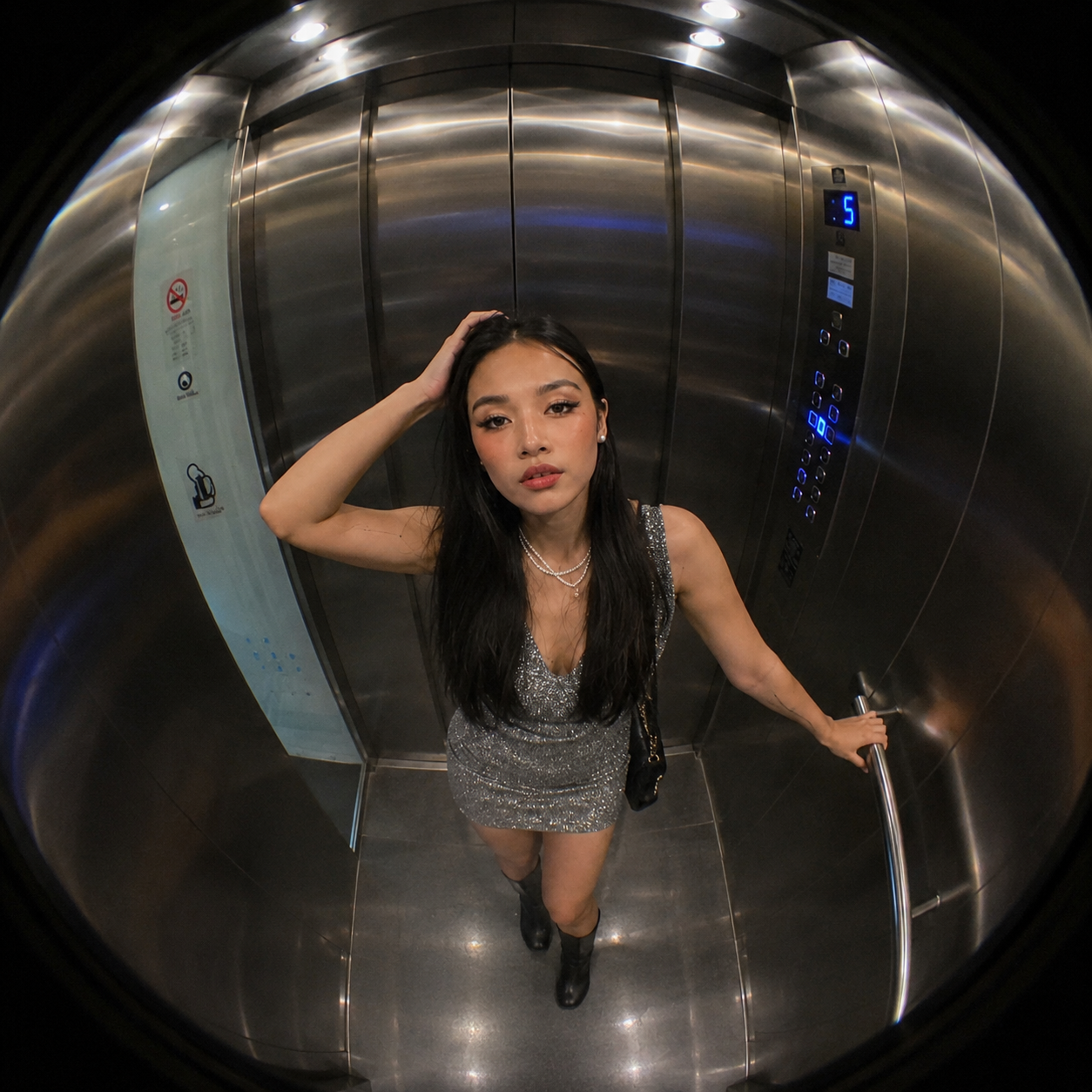 Ultra-Wide Fisheye Elevator Mirror Selfie